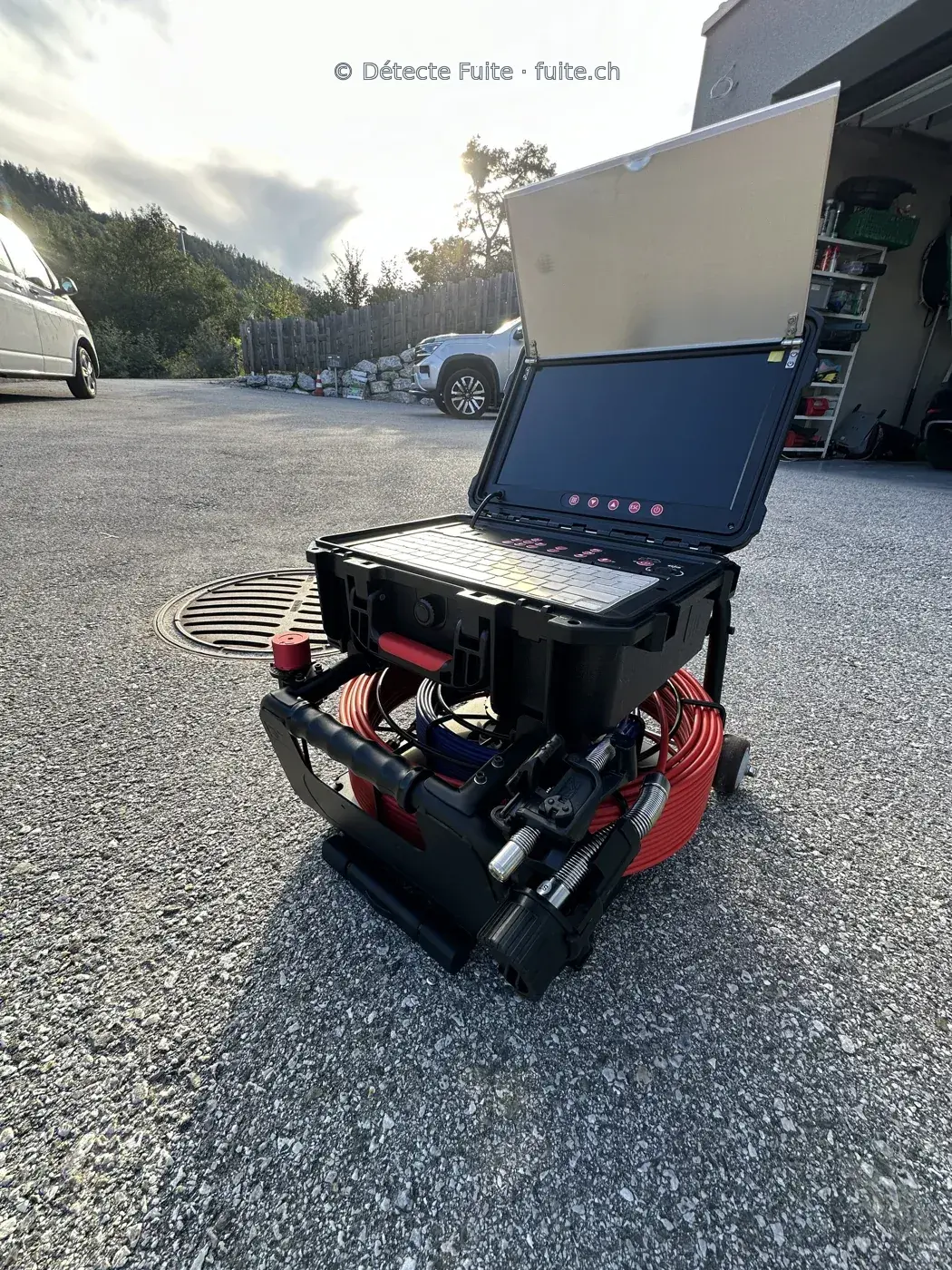 Caméra d’inspection avec écran et enrouleur sur un chariot